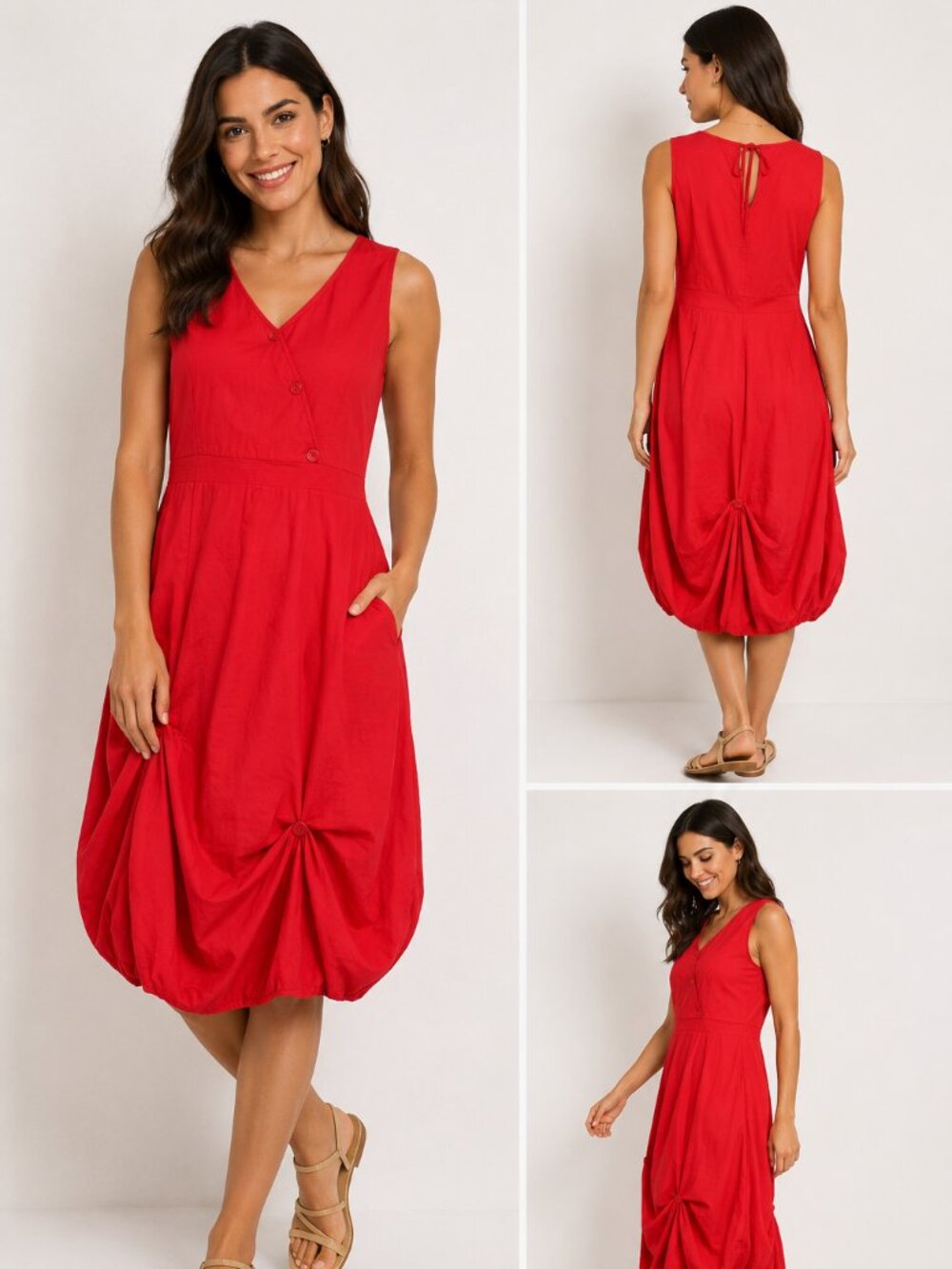Nonaki Red 100% Cotton Sleeveless Bubble Hem Dress Size M